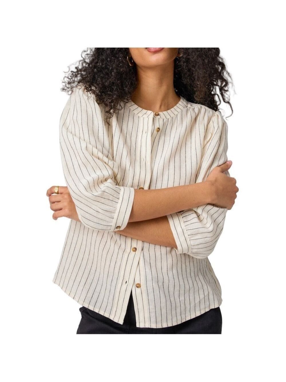 Sanctuary Striped Linen Blend Blouse Beige & Black